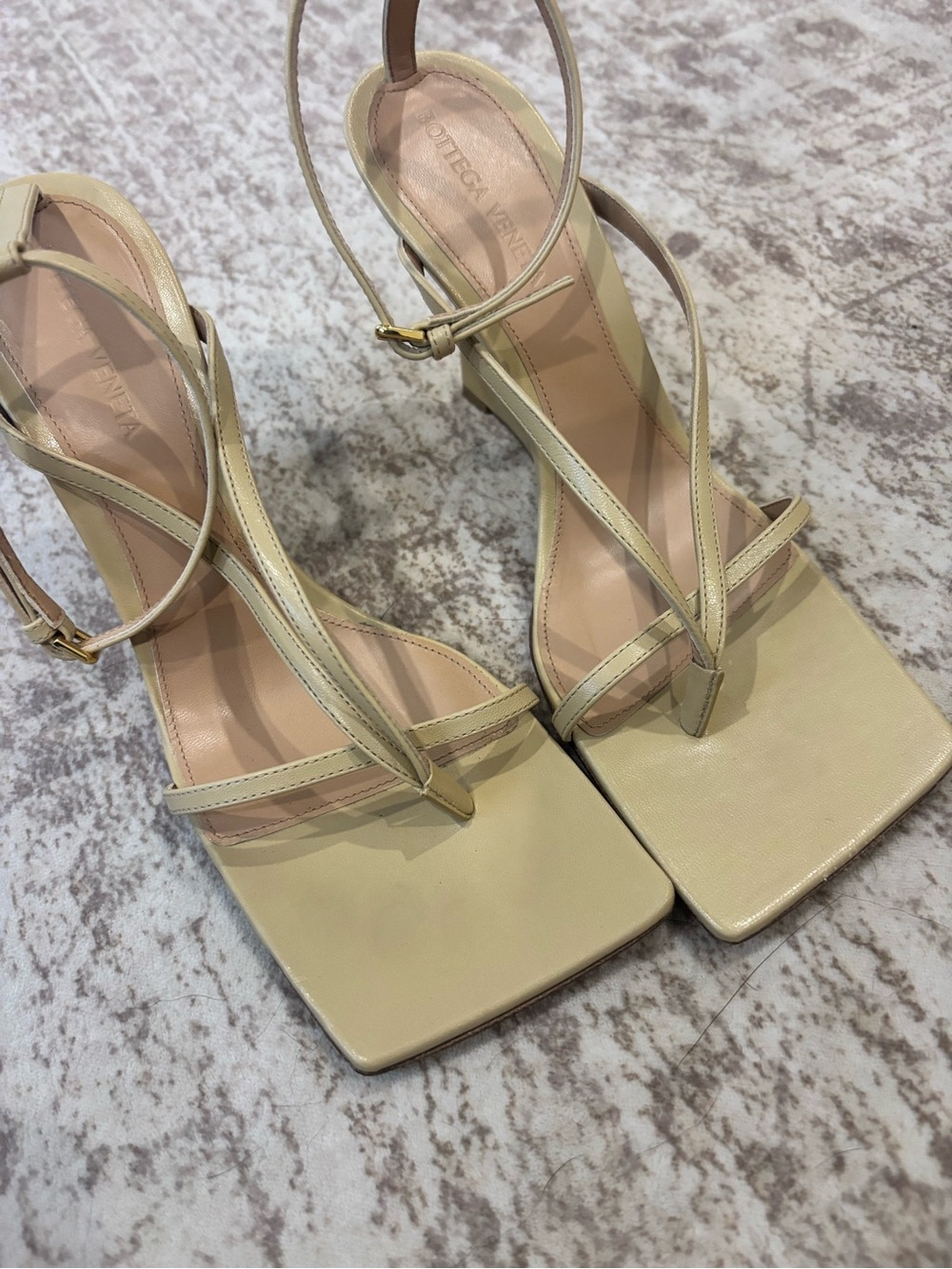 Bottega Veneta Pale Beige Strappy Square-Toe Heels